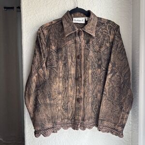 Womens S Vintage Jacket Brown Bronze Retro 90s Embroidered Sequin Boho Crochet